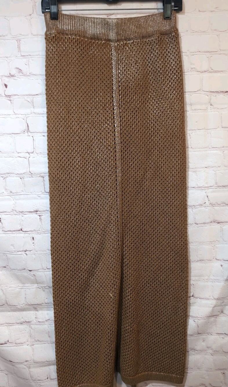 Free People Metallic Open Knit Maxi Skirt Shimmer Crochet Column Slit Bronze XS